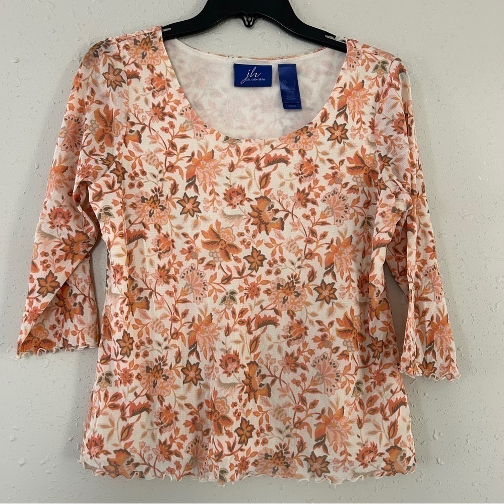 🦋 JH Collectibles Vintage Cream Orange Floral 3/4 Sleeve Blouse Large Spring